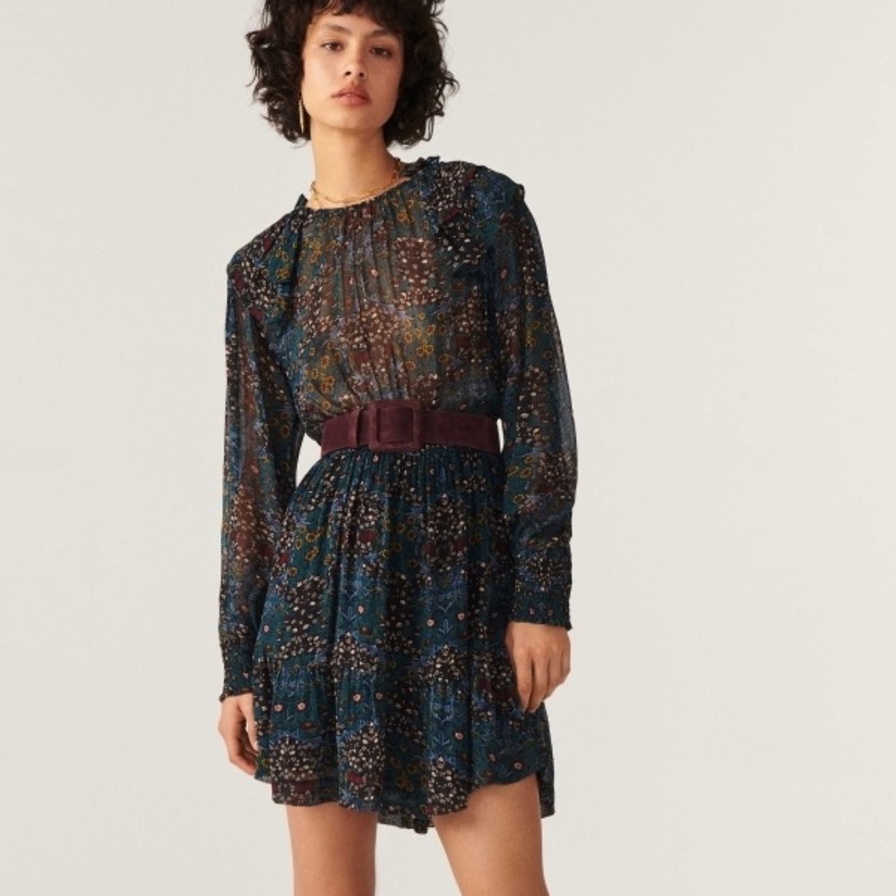 ba&sh Navy Floral Long Sleeve Mini Dress with Burgundy Belt